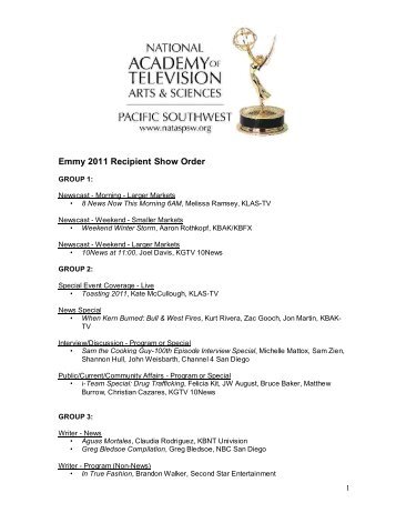 Emmy 2011 Recipient Show Order - National Academy of Television ...