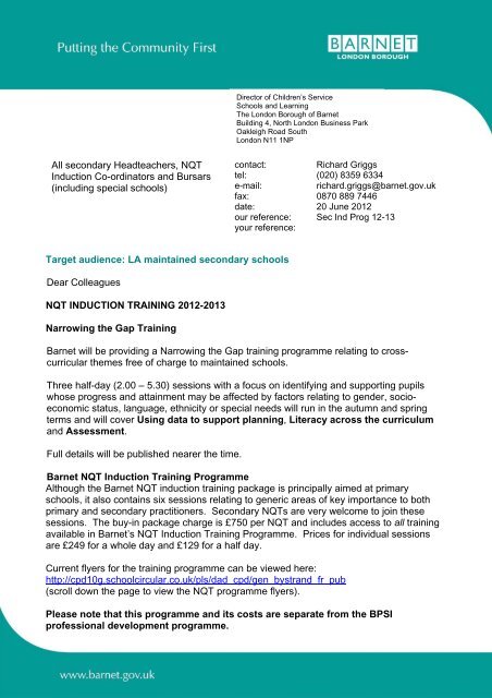 NQT Induction Programme for maintained secondary schools