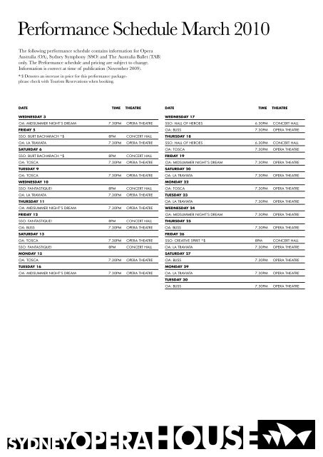 2010 Performance Schedule - Sydney Opera House