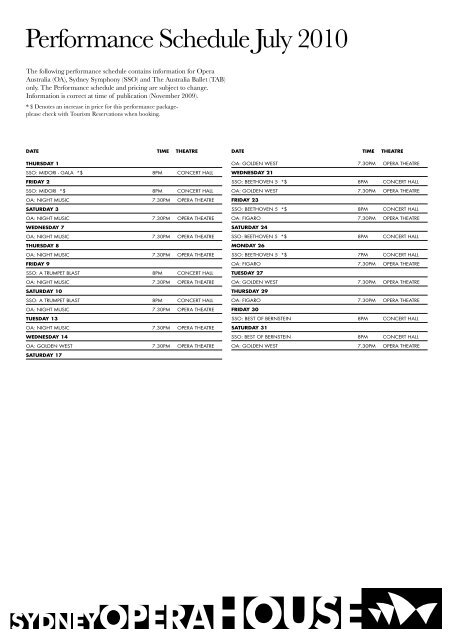 2010 Performance Schedule - Sydney Opera House