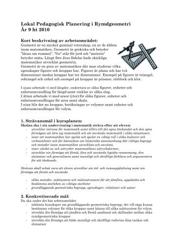 Lokal Pedagogisk Planering i Rymdgeometri Ãr 9 ht 2010