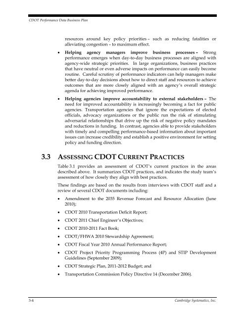 CDOT Performance Data Business Plan - Cambridge Systematics