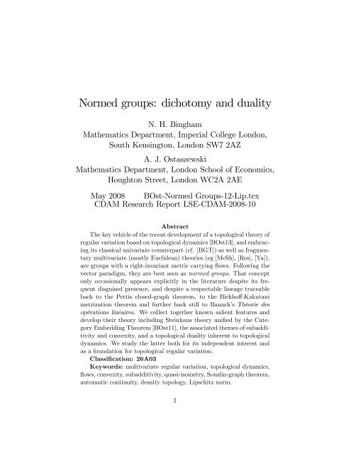 Normed groups: dichotomy and duality - Department of Mathematics