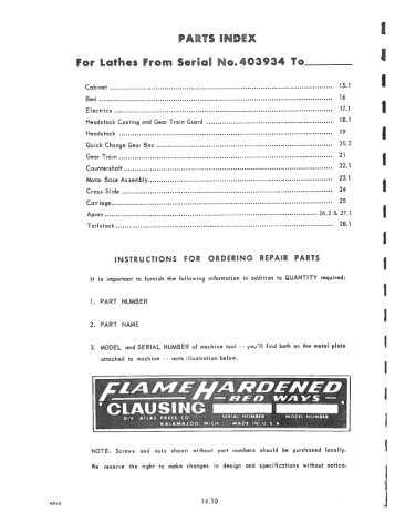 Clausing 10in Lathe 4900 Series Parts List & Exploded Drawings