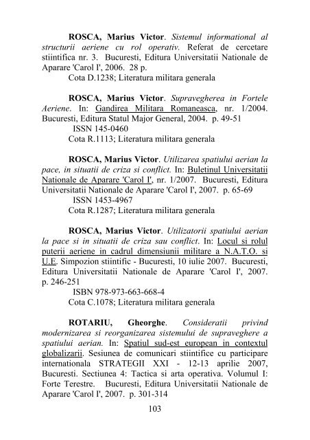 catalog adrese web - Universitatea Naţională de Apărare "Carol I"