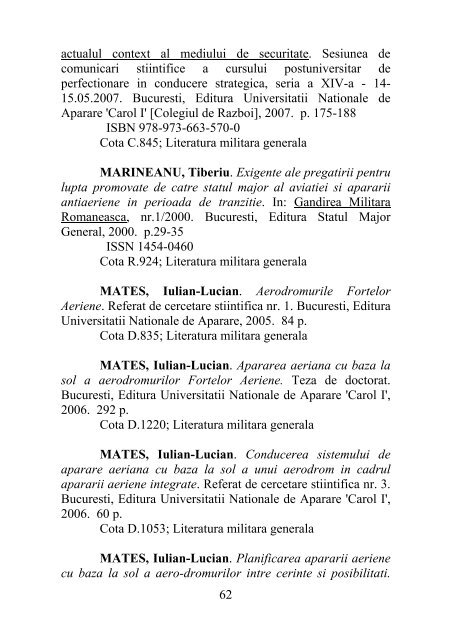 catalog adrese web - Universitatea Naţională de Apărare "Carol I"