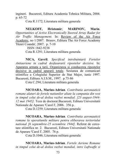 catalog adrese web - Universitatea Naţională de Apărare "Carol I"