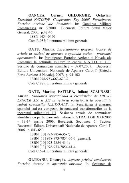 catalog adrese web - Universitatea Naţională de Apărare "Carol I"