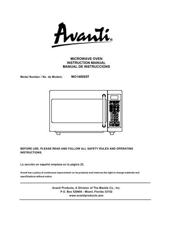 MICROWAVE OVEN INSTRUCTION MANUAL ... - Avanti Products