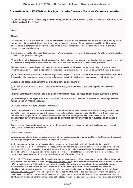 Risoluzione ministeriale del 22 giugno 2010, n. 54/E