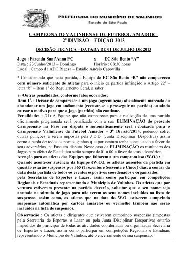 Futebol Amador - 2Âª DivisÃ£o - W.O. do EC SÃ£o Bento - Valinhos