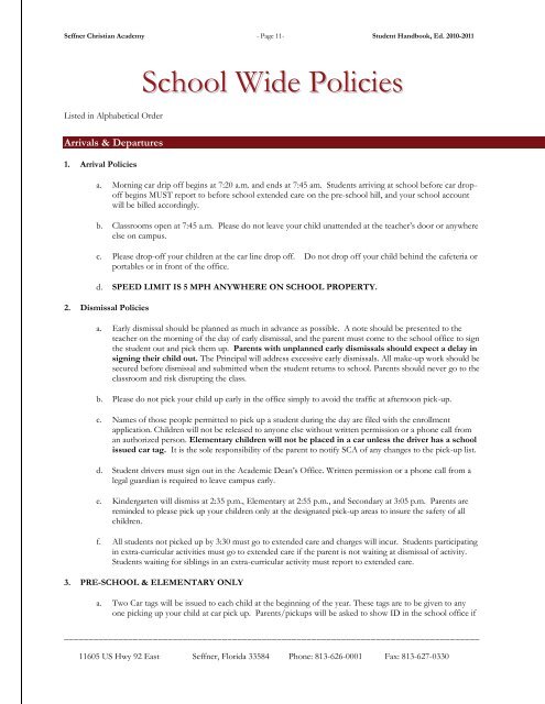 Student Handbook - Seffner Christian Academy