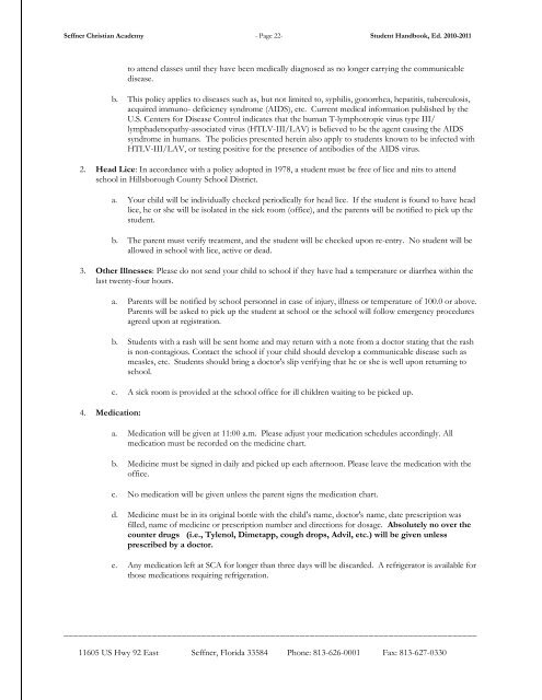 Student Handbook - Seffner Christian Academy