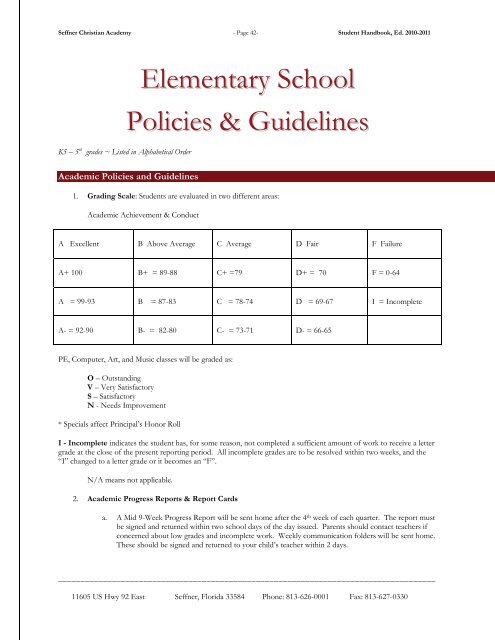 Student Handbook - Seffner Christian Academy