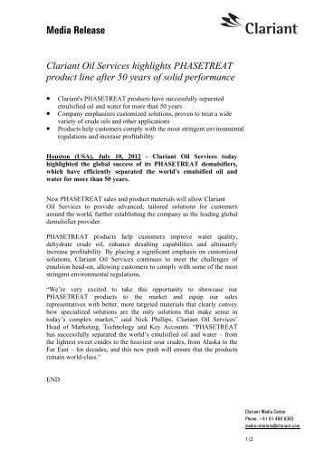 Media Release Clariant Oil Services highlights PHASETREAT ...