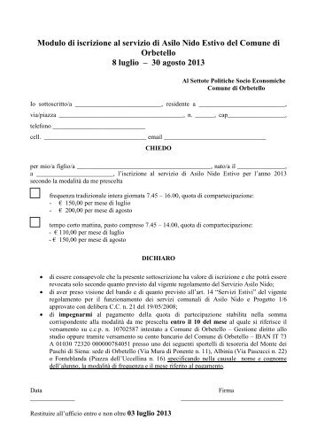 Modulo di iscrizione al servizio di Asilo Nido Estivo del Comune di ...