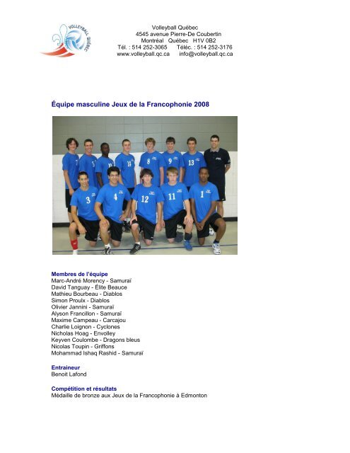 Archives des Ã©quipes du QuÃ©bec de volleyball jusqu'Ã  2007