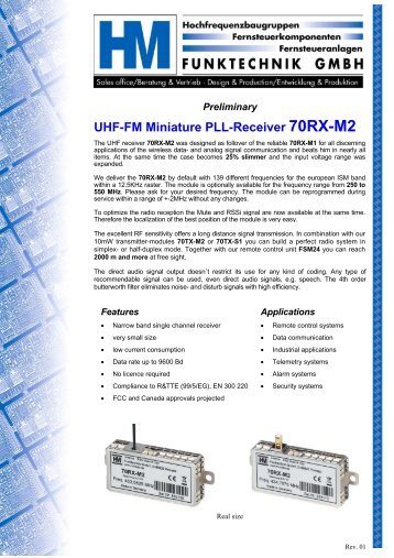 UHF-FM Miniature PLL-Receiver 70RX-M2 Specifications