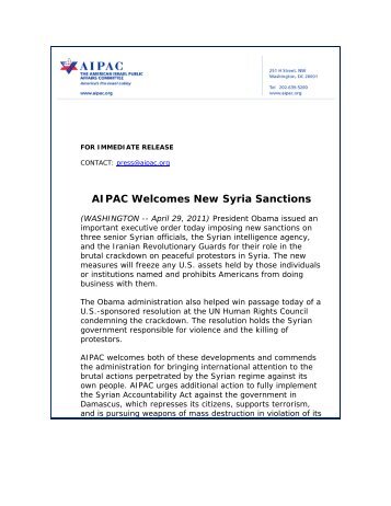 AIPAC Welcomes New Syria Sanctions