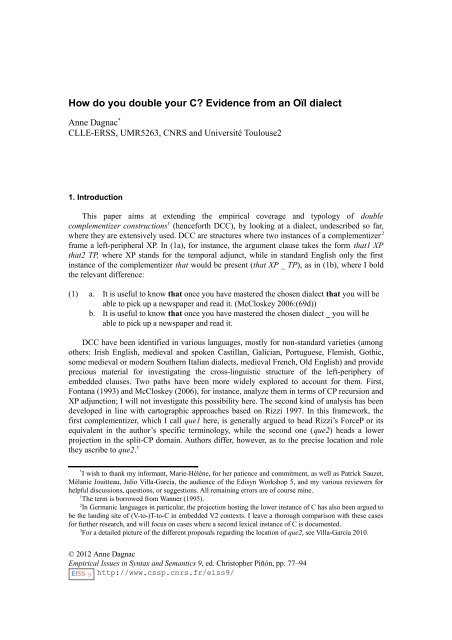 Empirical Issues in Syntax and Semantics 9 (EISS 9 ... - CSSP - CNRS