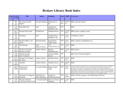 Brokaw Library Book Index - Homeschool-Life.com