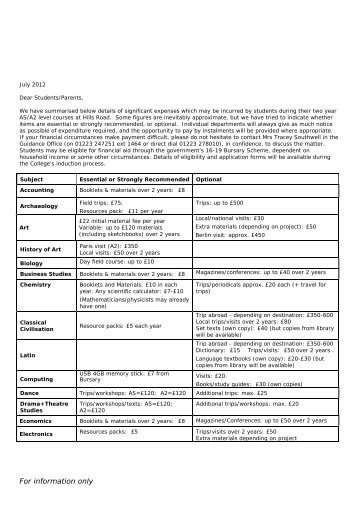 Cost of courses - Hills Road Sixth Form College