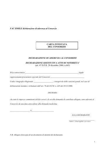 FAC SIMILE dichiarazione di aderenza al Consorzio CARTA ...