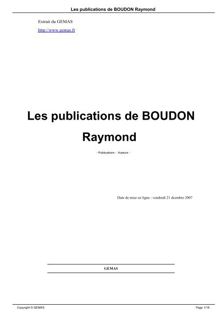Les publications de BOUDON Raymond - Copyright Â© GEMAS
