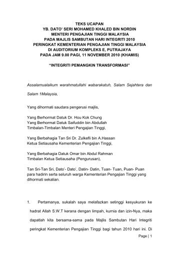 Ucapan Majlis Sambutan Hari Integriti Tahun 2010 - Kementerian ...