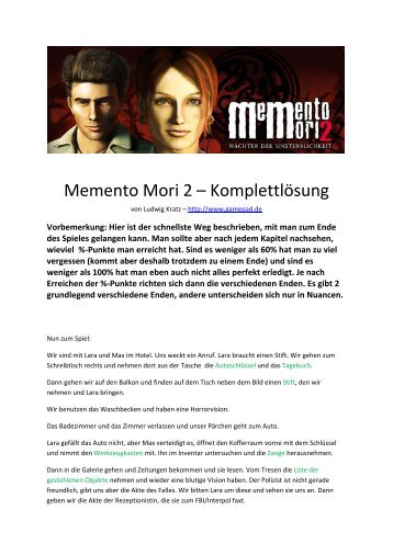 Memento Mori 2 – Komplettlösung - Gamepad.de