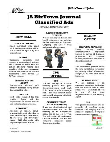 JA BizTown Journal Classified Ads