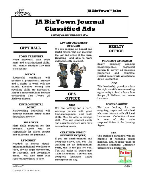 JA BizTown Journal Classified Ads