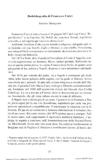 Francesco Curci Ã¨ nato a Lecce il 25 giugno 1857 ... - culturaservizi.it