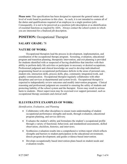 Occupational Therapist Job Description - Public Schools of North ...