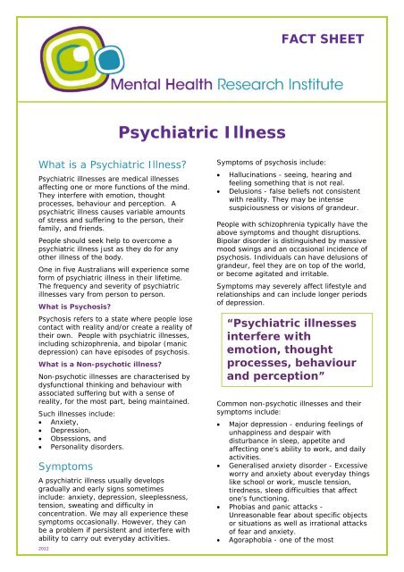 Fact Sheet: Psychiatric illness - Mental Health Research Institute