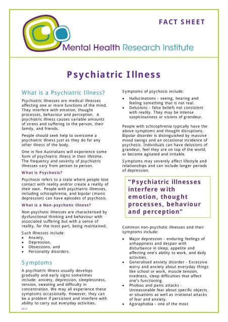 Fact Sheet: Psychiatric illness - Mental Health Research Institute