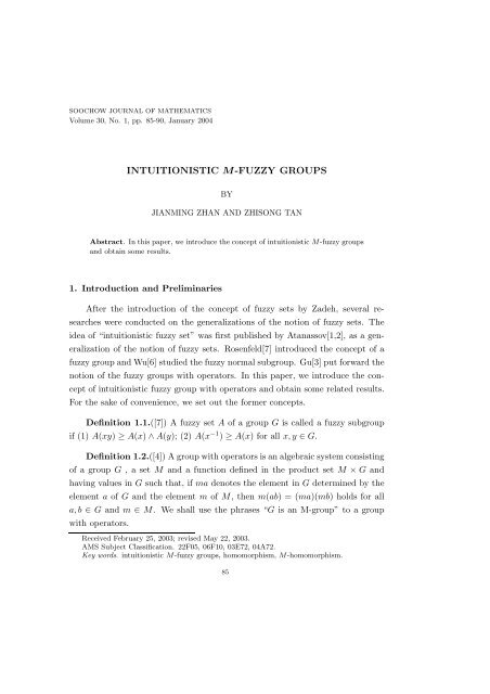 intuitionistic m-fuzzy groups - Soochow Journal of Mathematics