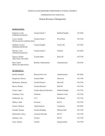 Resignations / Retirements / Leaves - HEB Independent School ...