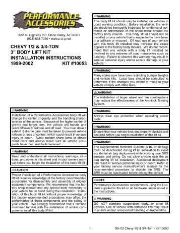 chevy 1/2 & 3/4-ton 3â body lift kit installation instructions 1999-2002 ...