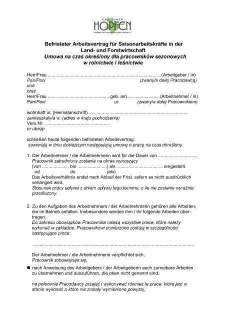 Arbeitsvertra Ge Fa R Polen Zum Herunterladen Ausdrucken