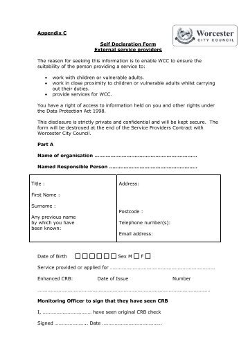 Appendix C - Safeguarding Policy - Self Declaration Form