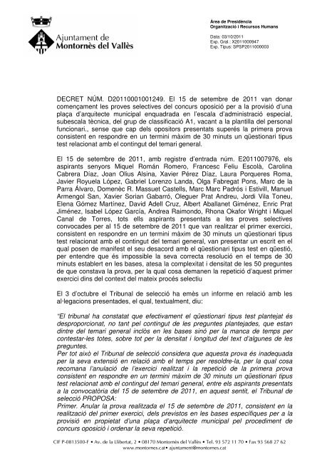 DECRET NÚM. D20110001001249. El 15 de setembre de 2011 van ...