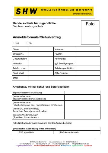 Anmeldeformular/Schulvertrag - SHW