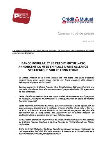 Banco Popular et CrÃ©dit Mutuel-CIC annoncent la mise ne place d ...
