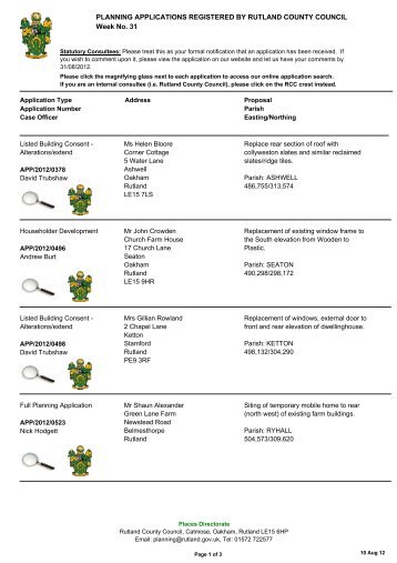 PLANNING APPLICATIONS REGISTERED BY RUTLAND COUNTY ...