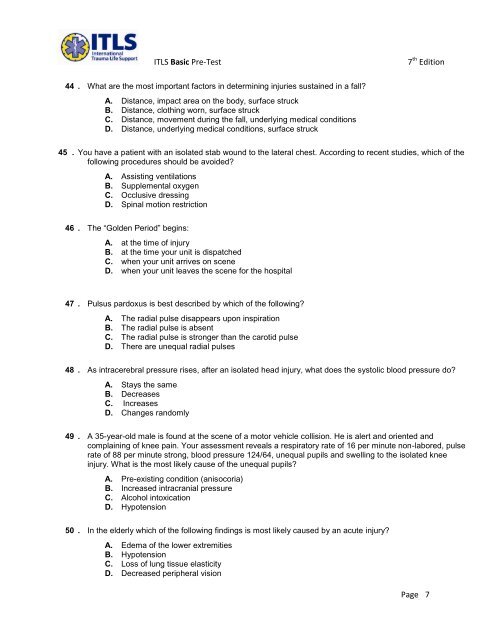 ITLS Basic Pre-Test 7th Edition Page 1 - Wizard Education