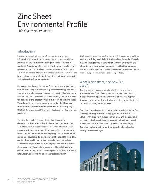 Zinc Sheet Environmental Profile - Life Cycle Assessment