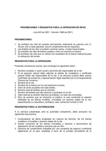 PROHIBICIONES Y REQUISITOS PARA LA OPERACIÃN DE RIFAS ...