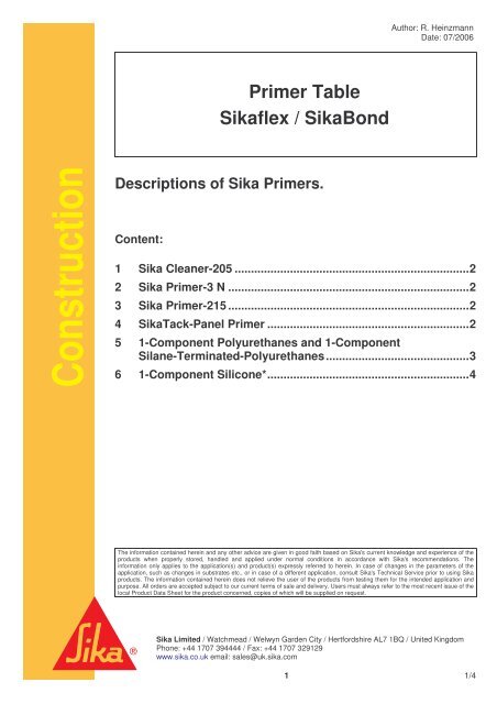 Primer Table Sikaflex SikaBond - North West Sealants