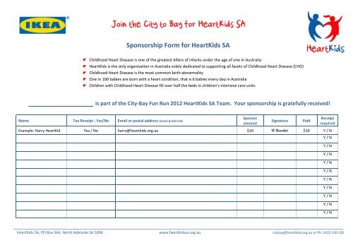 Sponsorship Form for HeartKids SA